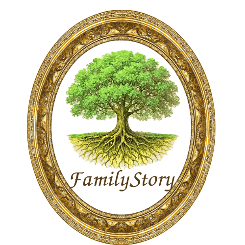 FamilyStory logo featuring a family tree in an ornate oval frame