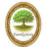 FamilyStory logo featuring a family tree in an ornate oval frame